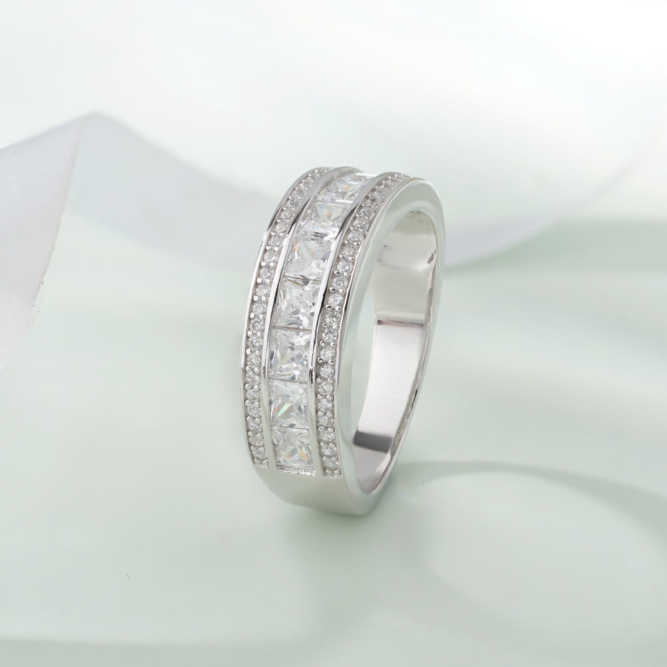 Silver Diamond Wedding Band Ring on Hand