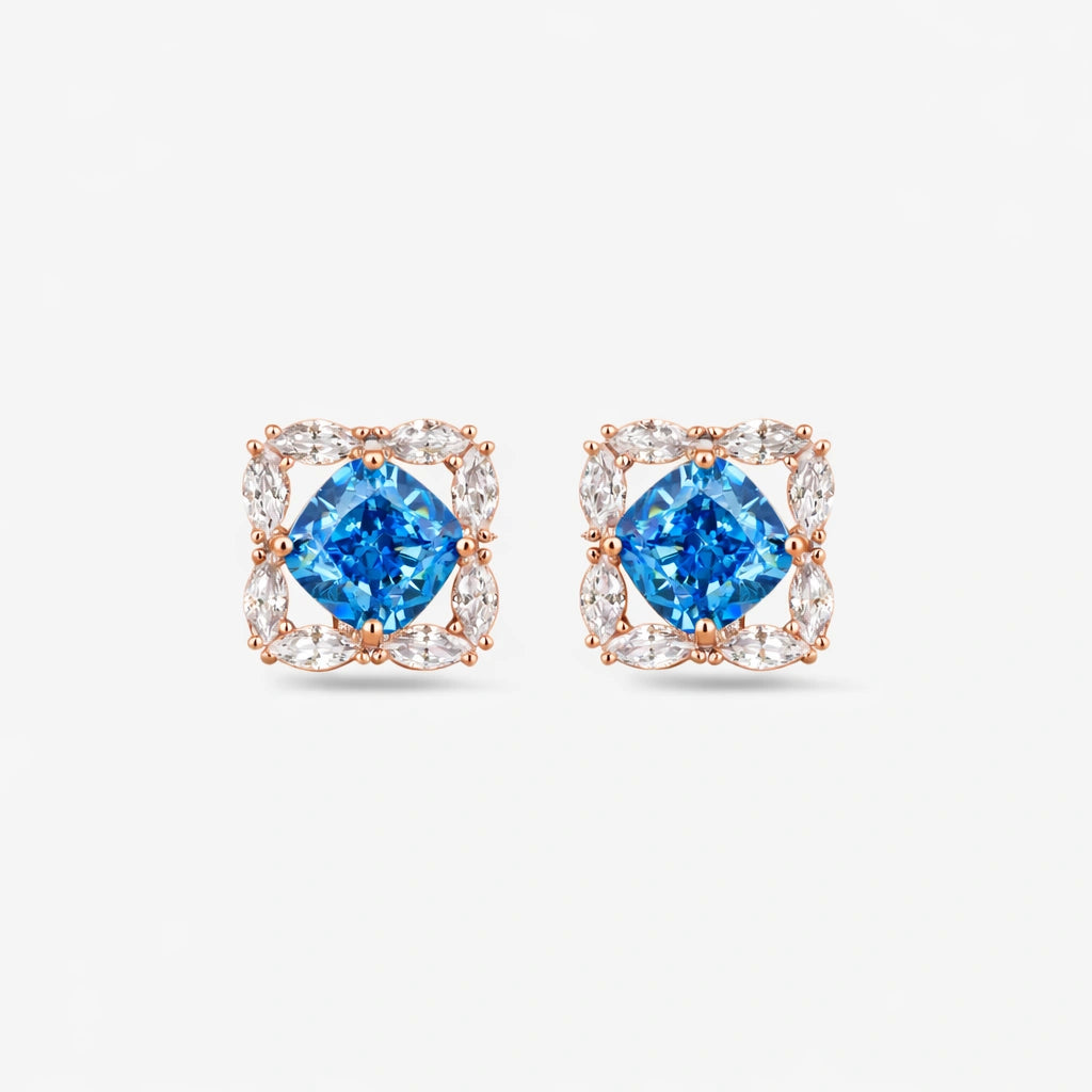 Sky Blue Cushion Diamond Rose Gold Stud Earrings