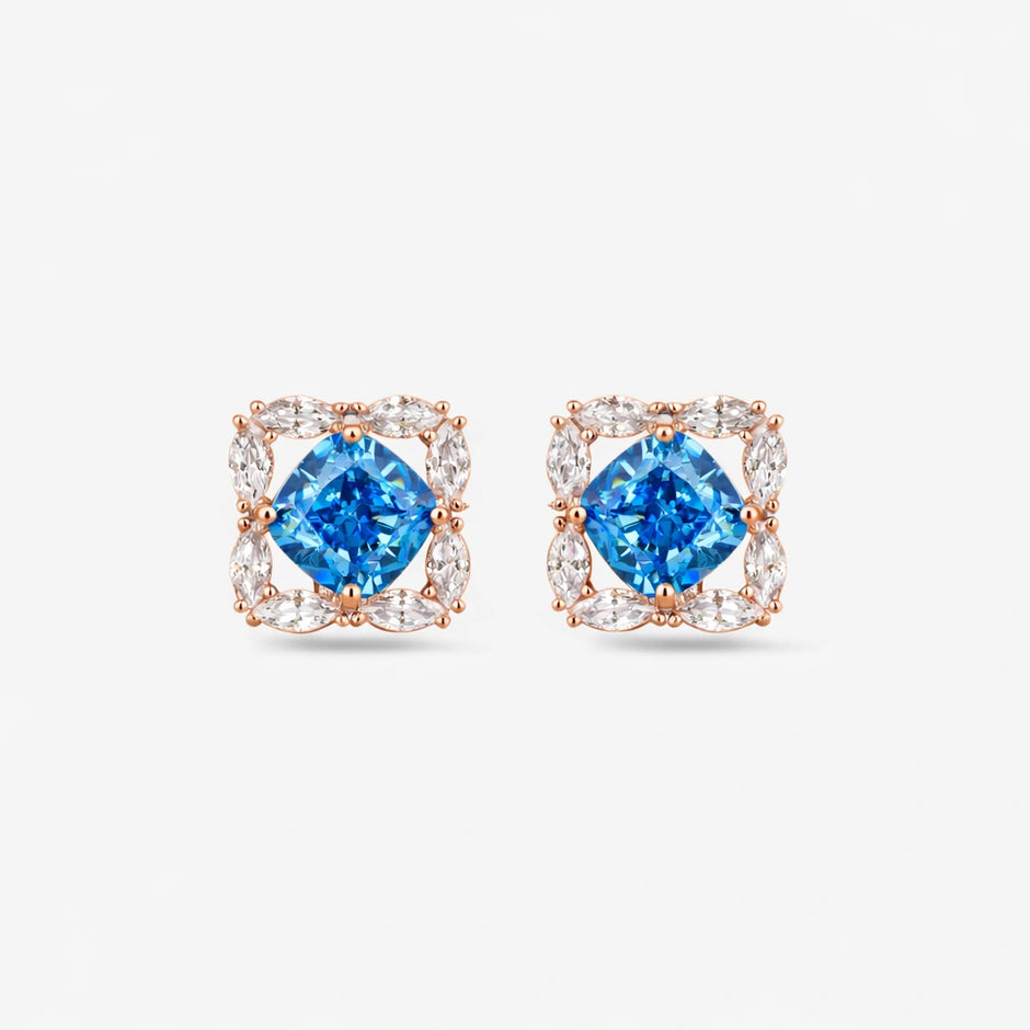 Sky Blue Cushion Diamond Rose Gold Stud Earrings