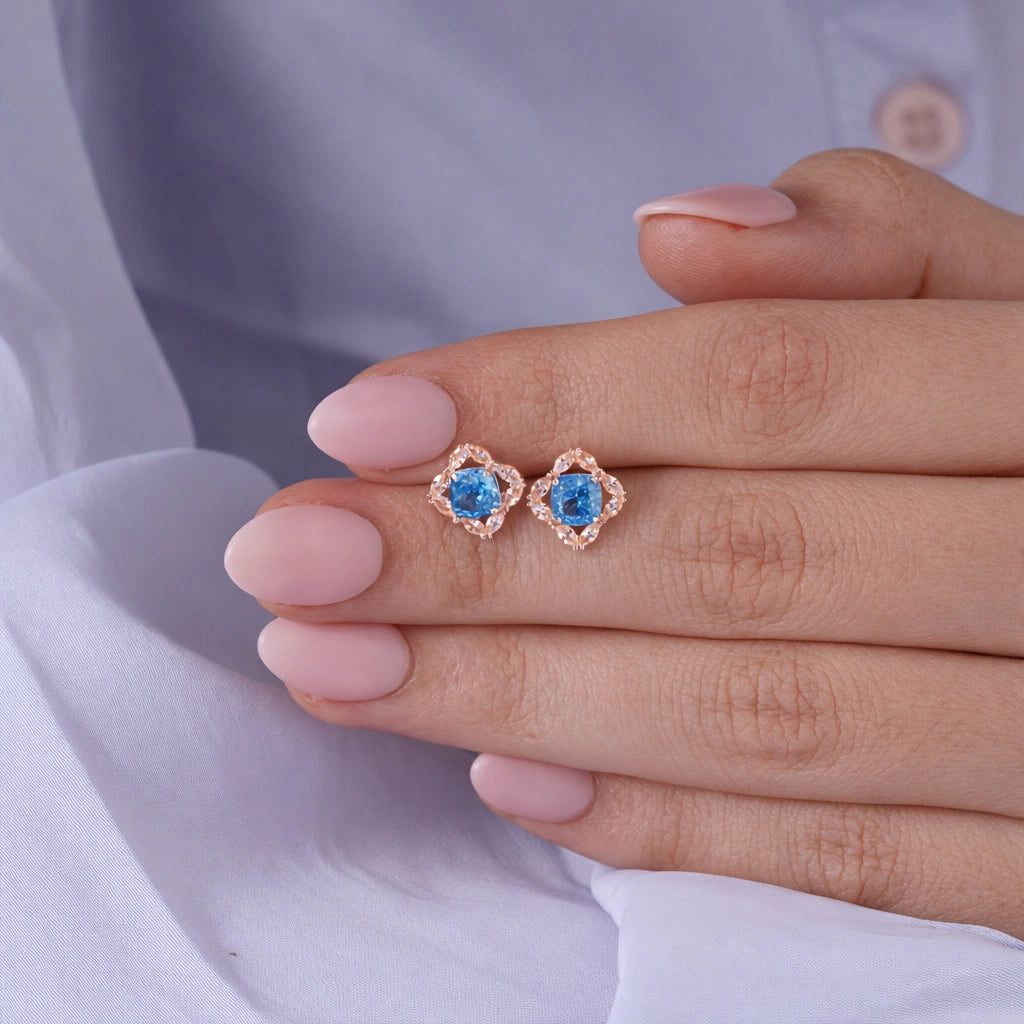 Sky Blue Cushion Diamond Rose Gold Stud Earrings