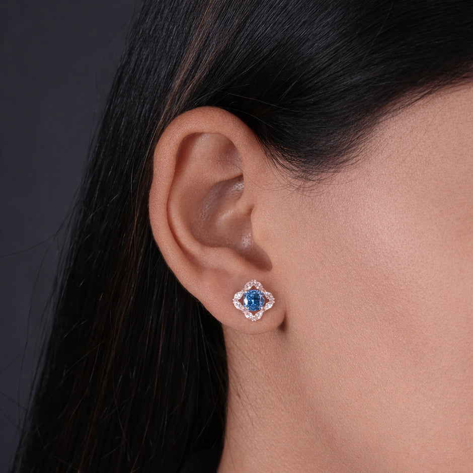 Sky Blue Cushion Diamond Rose Gold Stud Earrings