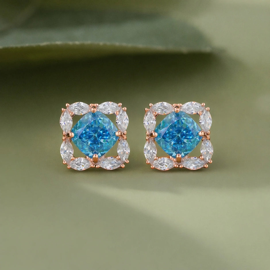 Sky Blue Cushion Diamond Rose Gold Stud Earrings