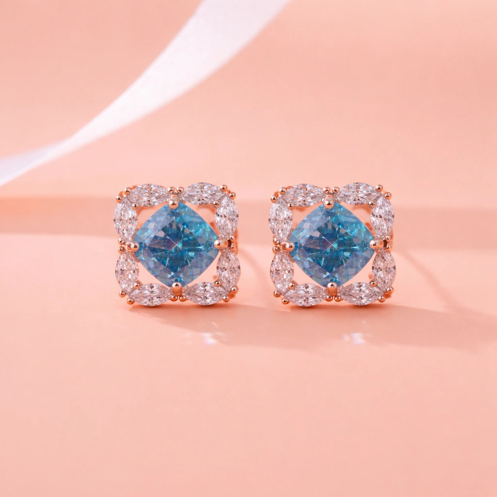 Sky Blue Cushion Diamond Rose Gold Stud Earrings