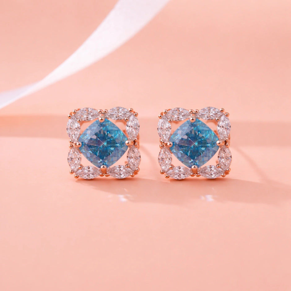 Sky Blue Cushion Diamond Rose Gold Stud Earrings