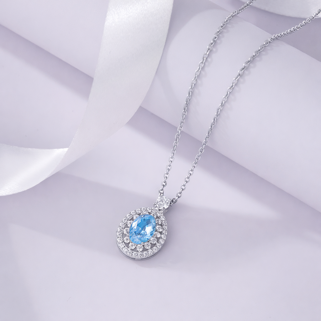 sky blue diamond floral 925 silver pendant chain
