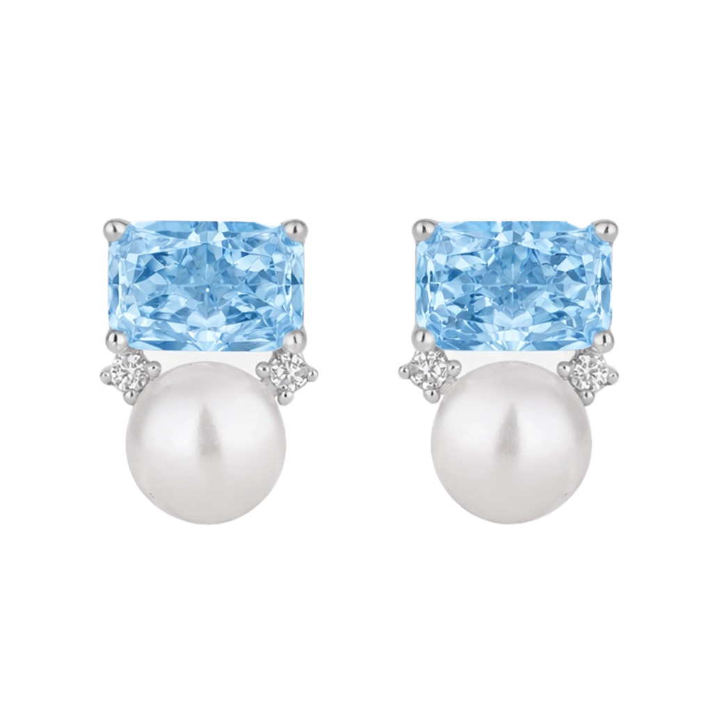 Sky Blue Emerald Cut Diamond Stud Earrings
