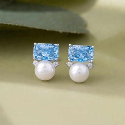 Sky Blue Emerald Cut Diamond Stud Earrings
