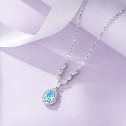 Sky Blue Stone Teardrop 925 Silver Pendant Necklace