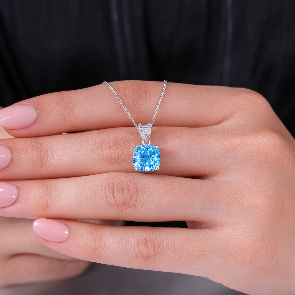 Sky Blue Diamond Aura 925 Sterling Silver Pendant Chain for Women