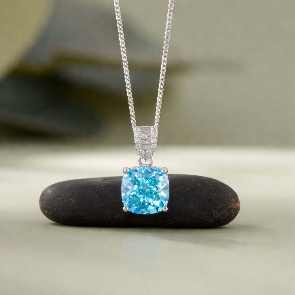 Sky Blue Diamond Aura 925 Sterling Silver Pendant Chain for Women
