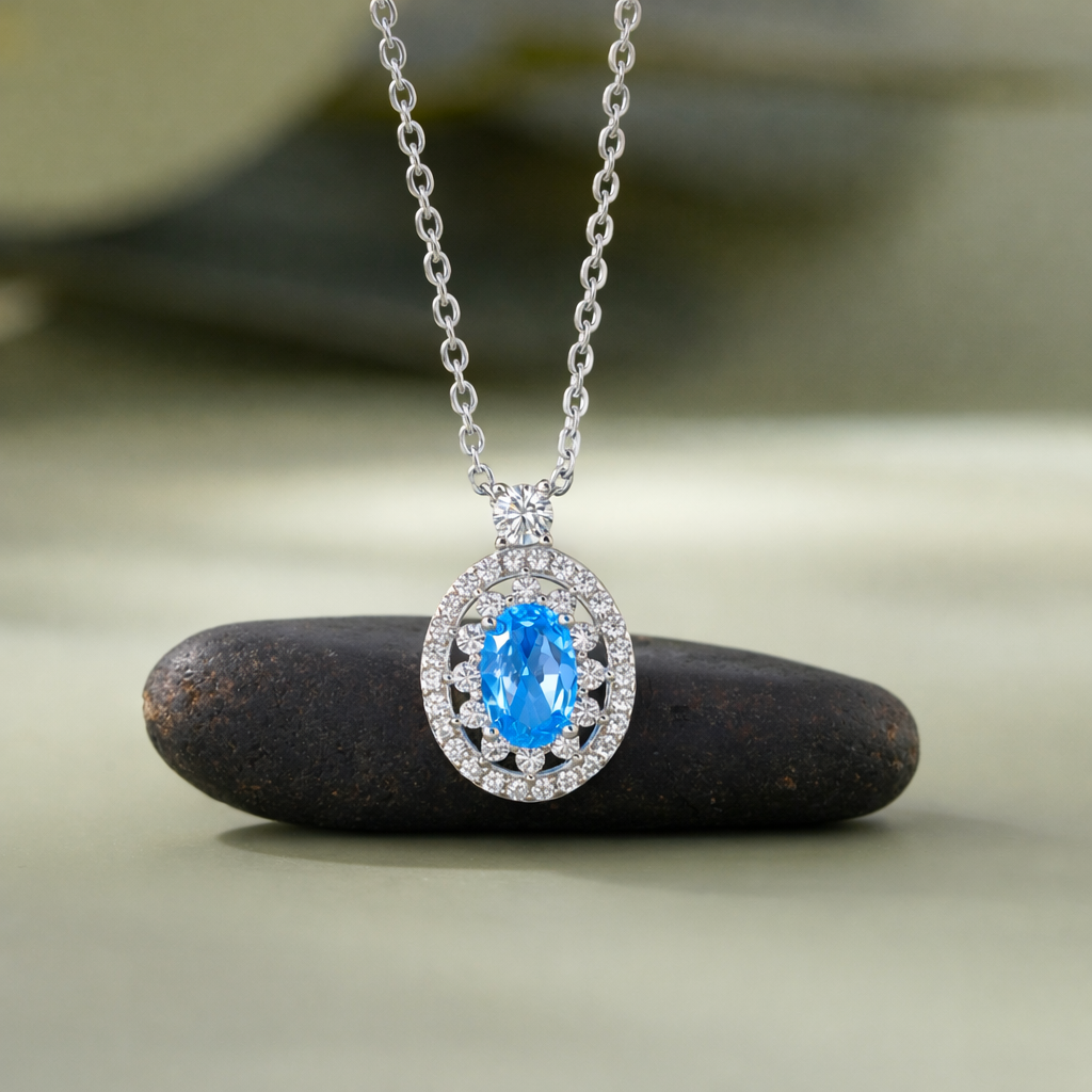 sky blue diamond floral 925 silver pendant chain
