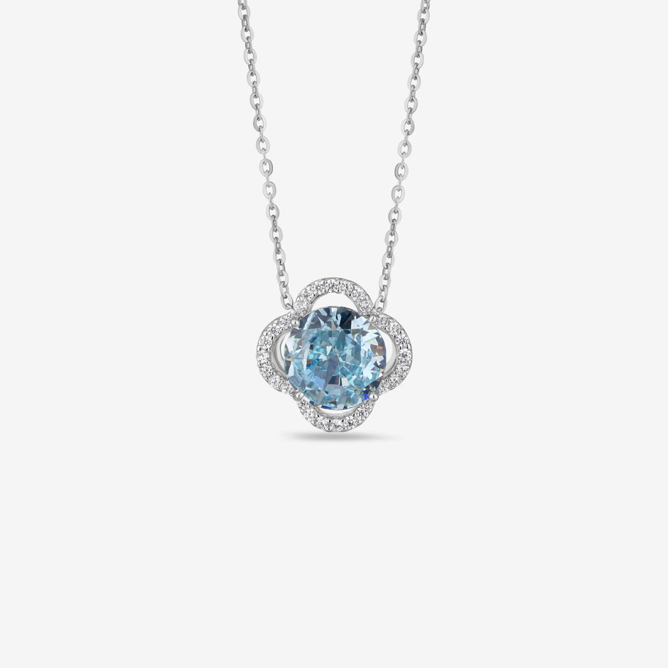 Sky Blue Halo Diamond  Floral Design in 925 Sterling Silver Pendant Chain for Women