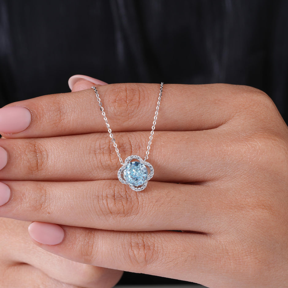 Sky Blue Halo Diamond  Floral Design in 925 Sterling Silver Pendant Chain for Women