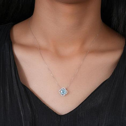 Sky Blue Halo Diamond  Floral Design in 925 Sterling Silver Pendant Chain for Women