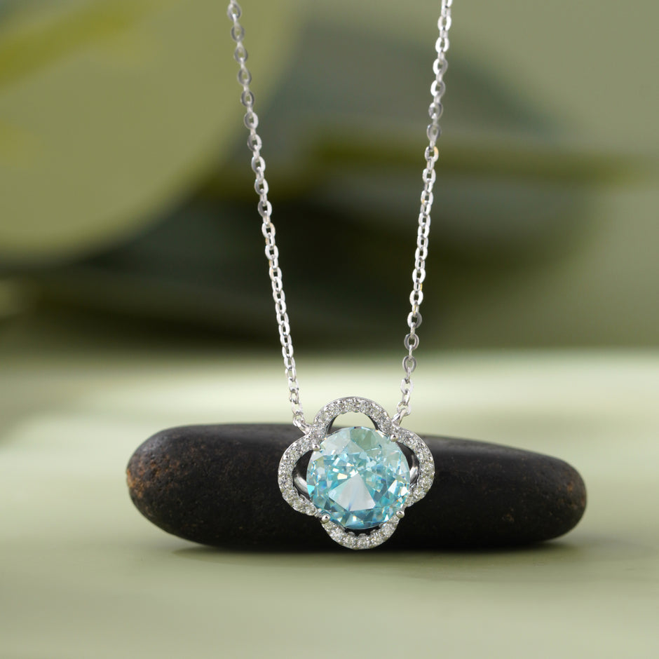 Sky Blue Halo Diamond  Floral Design in 925 Sterling Silver Pendant Chain for Women