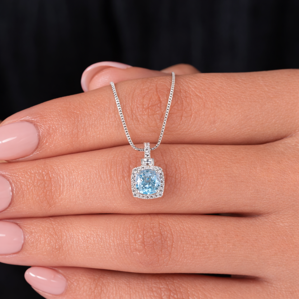 Sky Blue Radiance Cushion Diamond 925 Silver Pendant Necklace