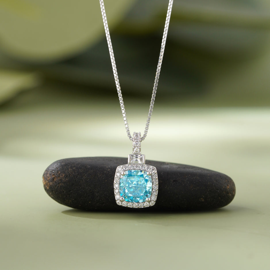 Sky Blue Radiance Cushion Diamond 925 Silver Pendant Necklace