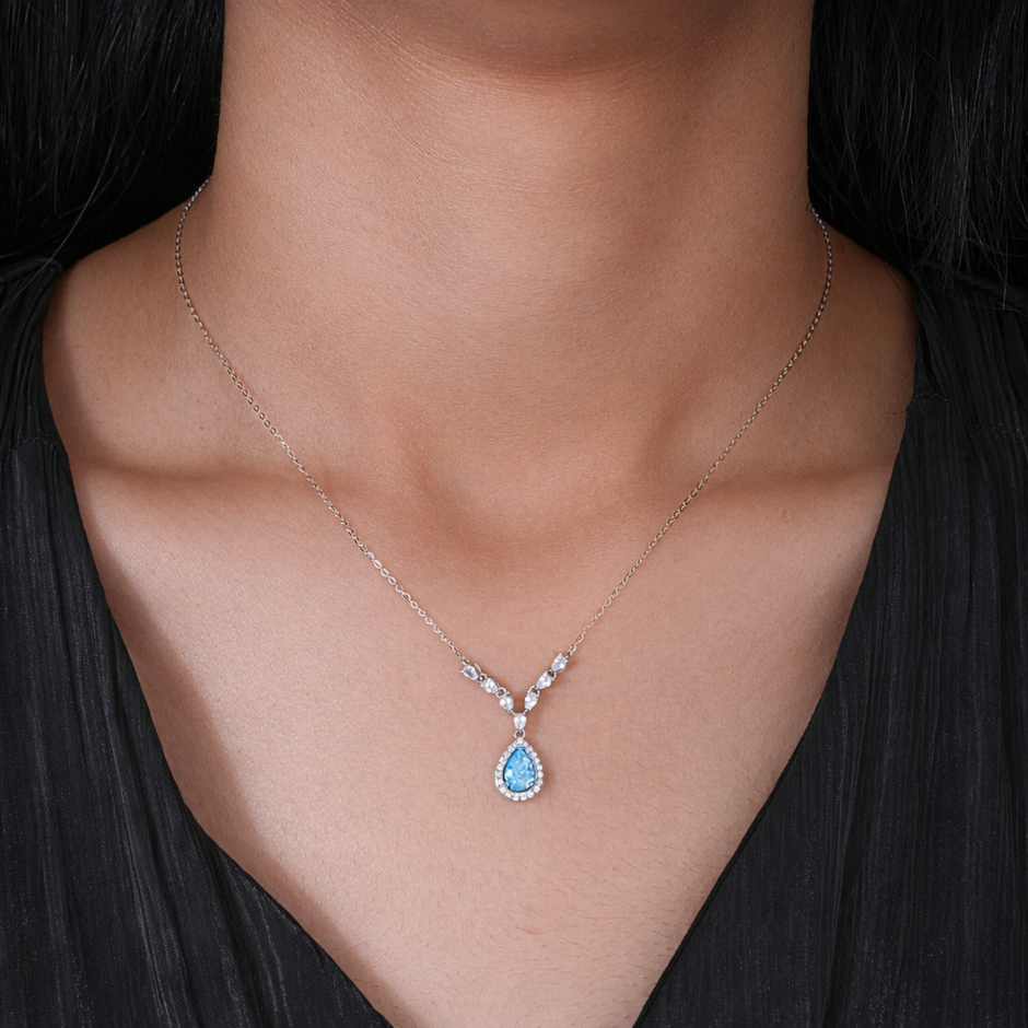 Sky Blue Stone Teardrop 925 Silver Pendant Necklace