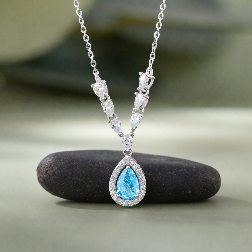 Sky Blue Stone Teardrop 925 Silver Pendant Necklace