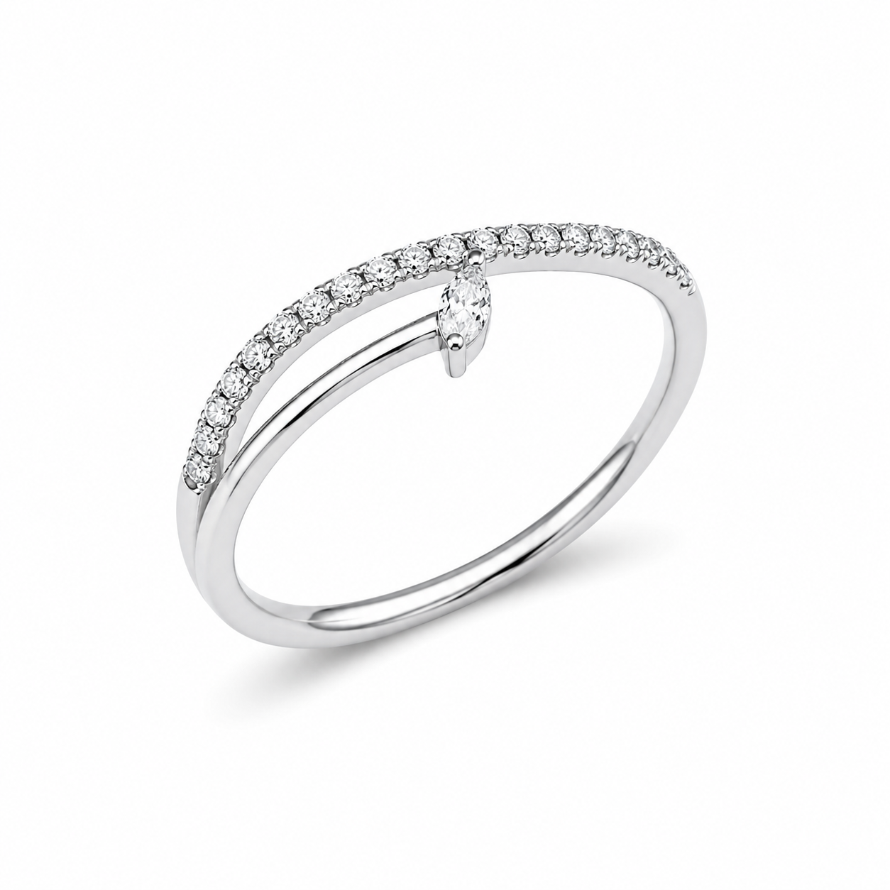 925 Sterling Silver Marquise CZ Solitaire Ring with Pavé Band