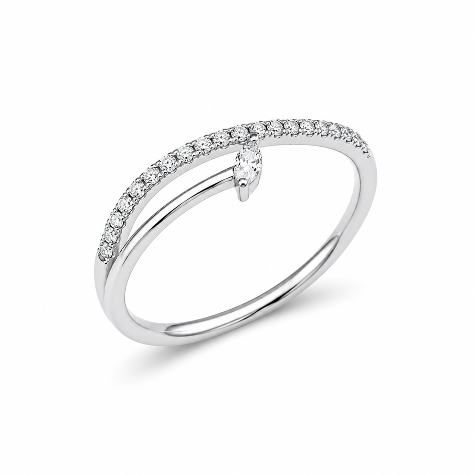 925 Sterling Silver Marquise CZ Solitaire Ring with Pavé Band
