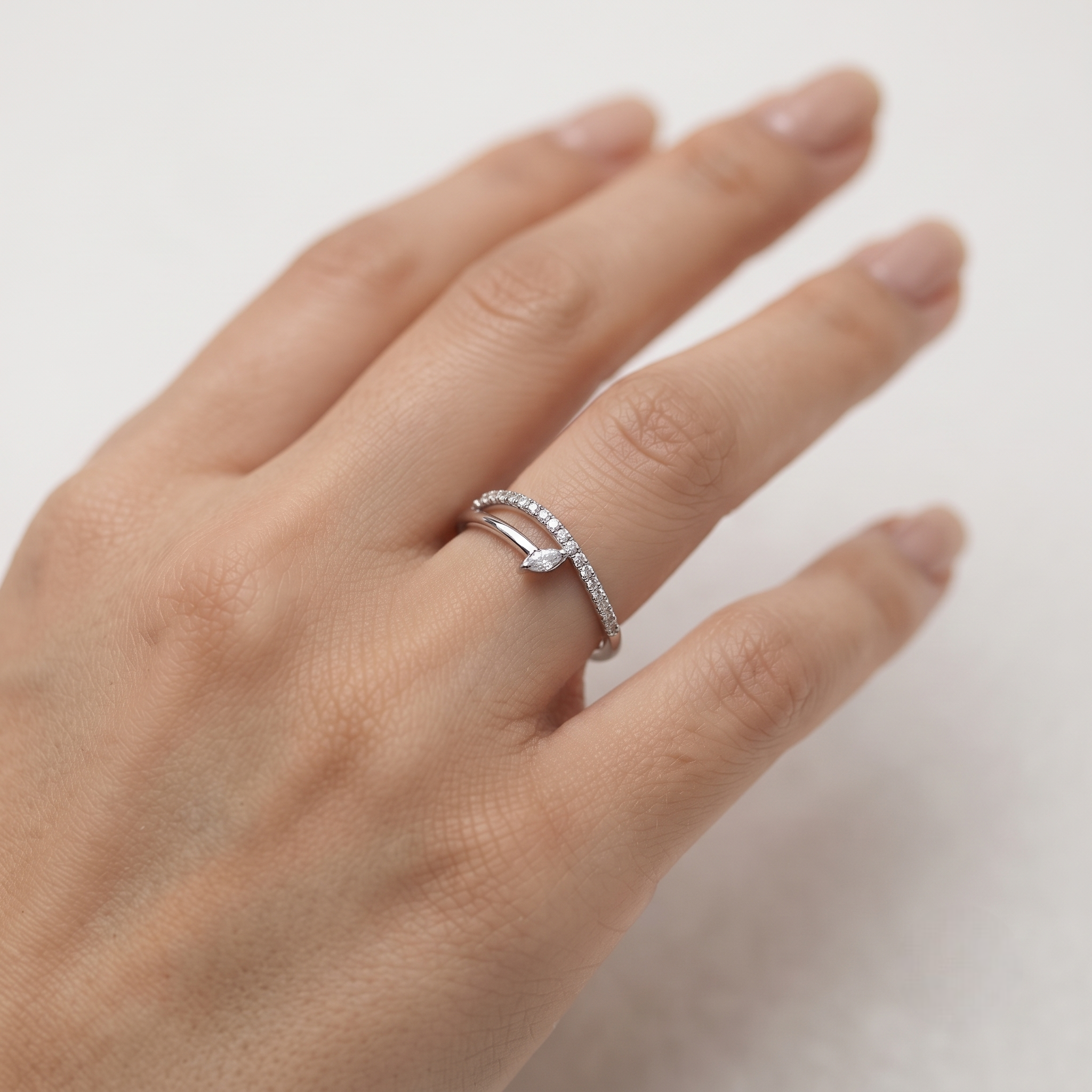 925 Sterling Silver Marquise CZ Solitaire Ring with Pavé Band