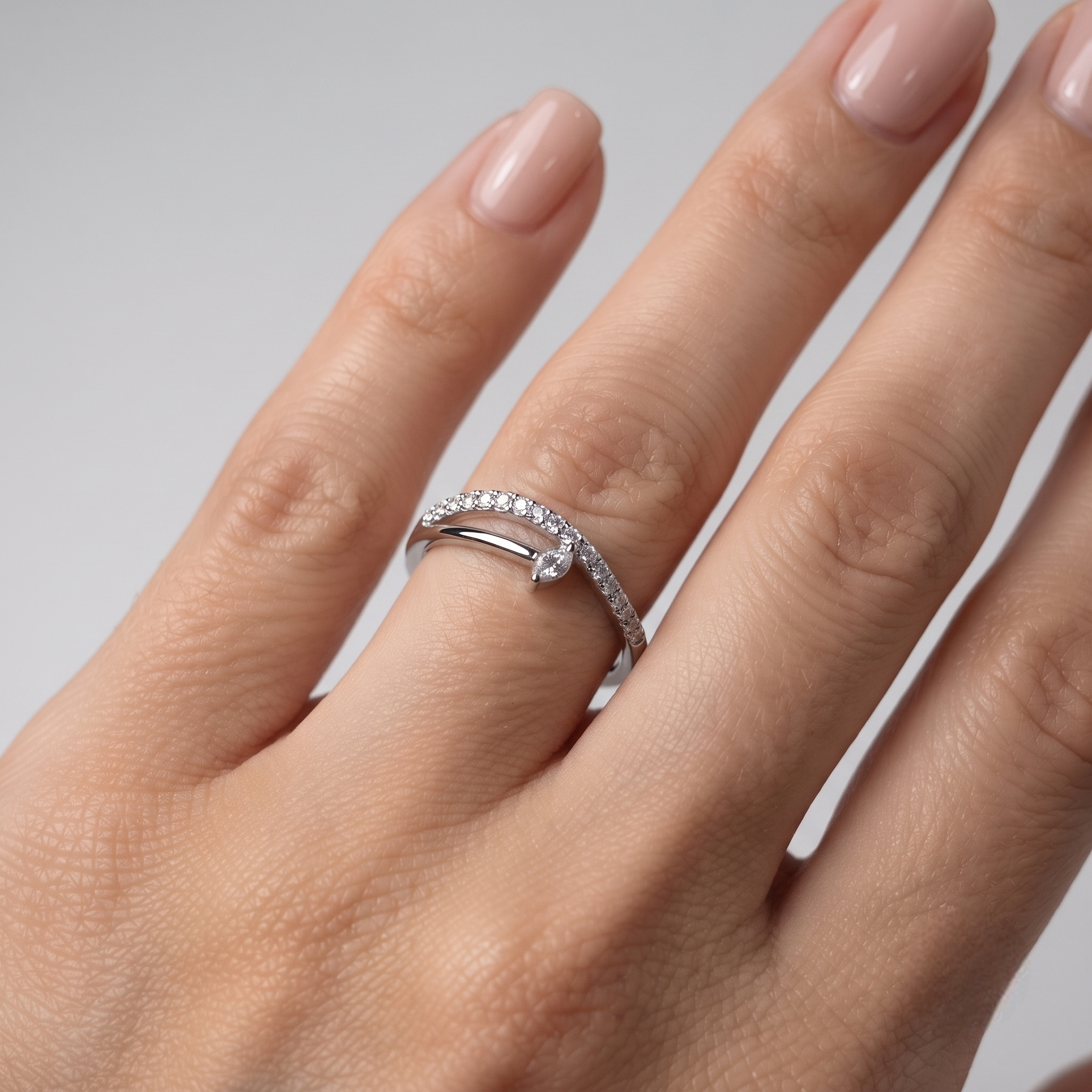 925 Sterling Silver Marquise CZ Solitaire Ring with Pavé Band