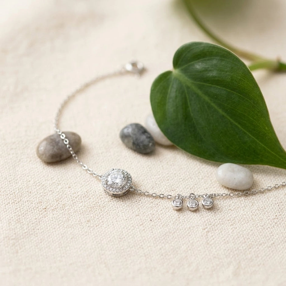 Sparkling Circle Charm 925 Sterling Silver Bracelet for Women