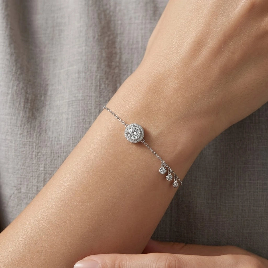 Sparkling Circle Charm 925 Sterling Silver Bracelet for Women