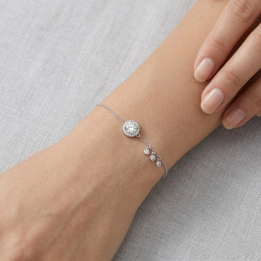 Sparkling Circle Charm 925 Sterling Silver Bracelet for Women