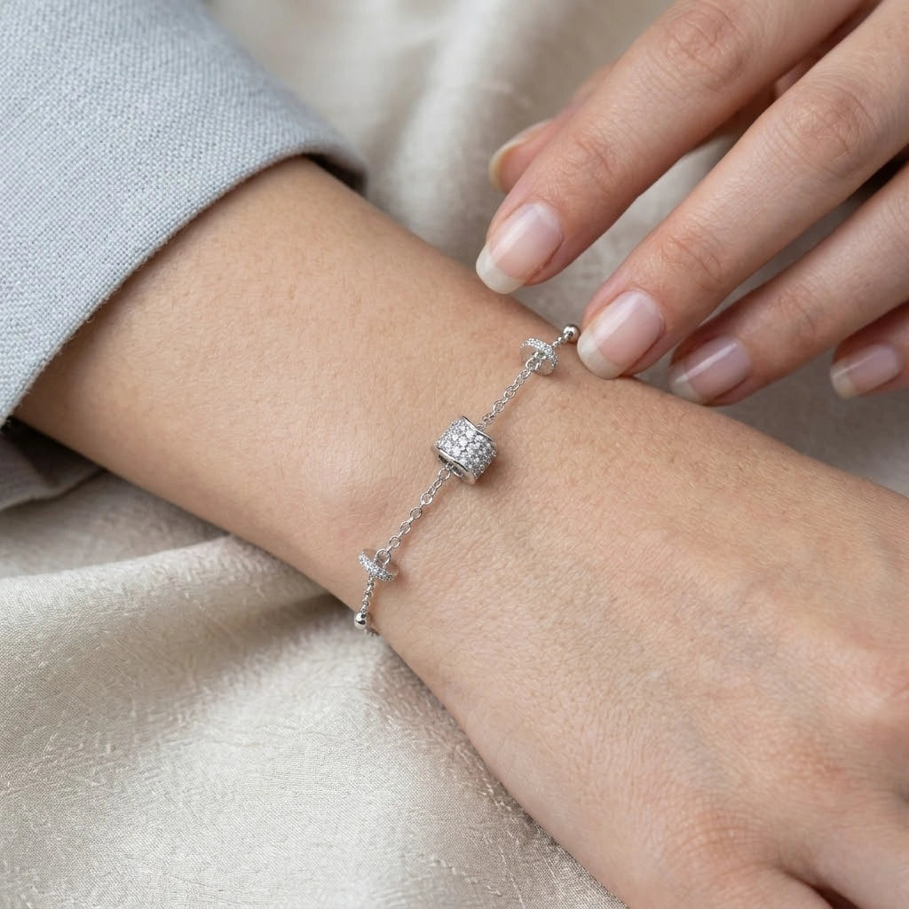 925 Sterling Silver Sparkling Pavé Barrel Charm Bracelet for Women