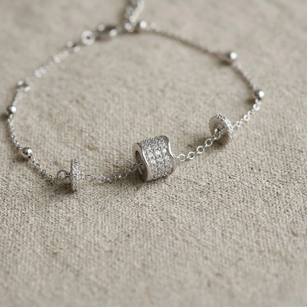 925 Sterling Silver Sparkling Pavé Barrel Charm Bracelet for Women