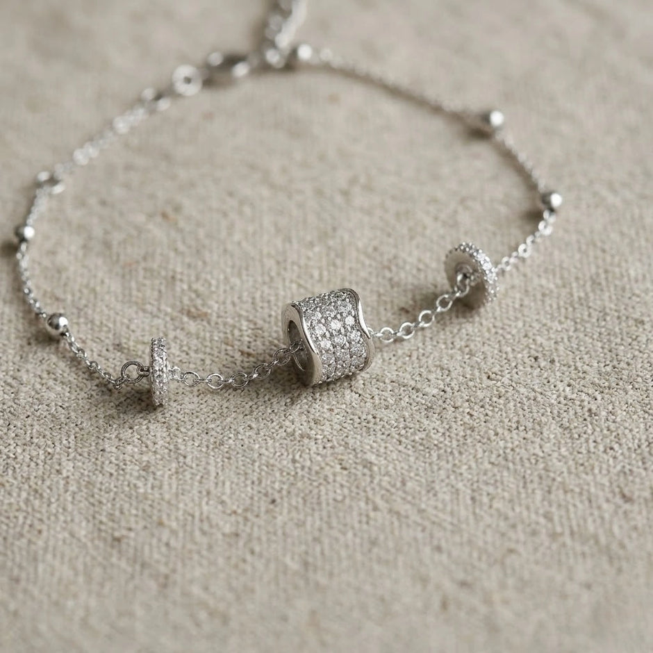 925 Sterling Silver Sparkling Pavé Barrel Charm Bracelet for Women