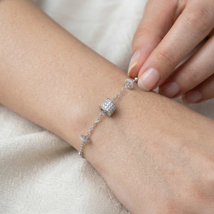 925 Sterling Silver Sparkling Pavé Barrel Charm Bracelet for Women