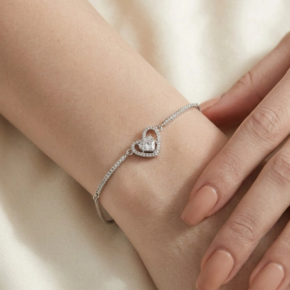 Sparkling Double Heart 925 Sterling Silver Bracelet for Women