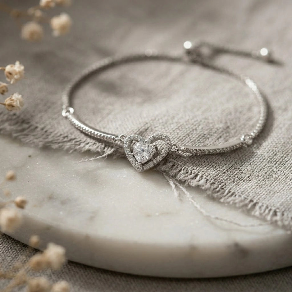Sparkling Double Heart 925 Sterling Silver Bracelet for Women