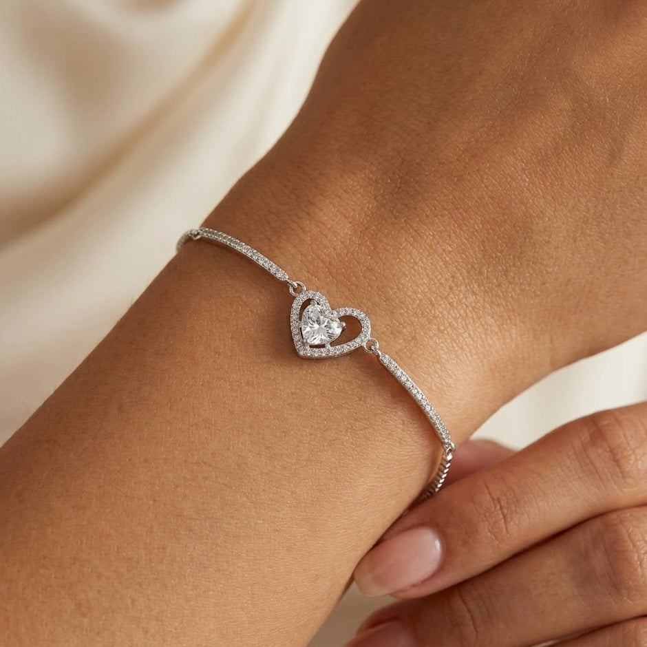 Sparkling Double Heart 925 Sterling Silver Bracelet for Women