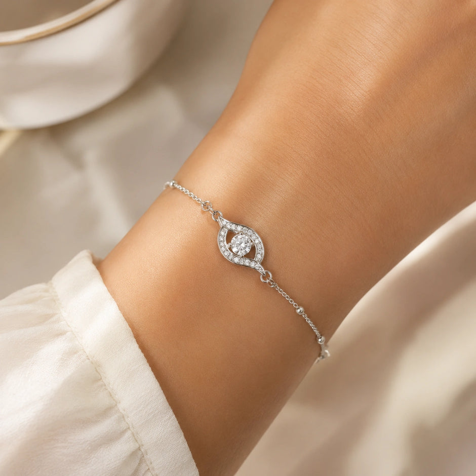 Sparkling Evil Eye 925 Sterling Silver Bracelet for Women
