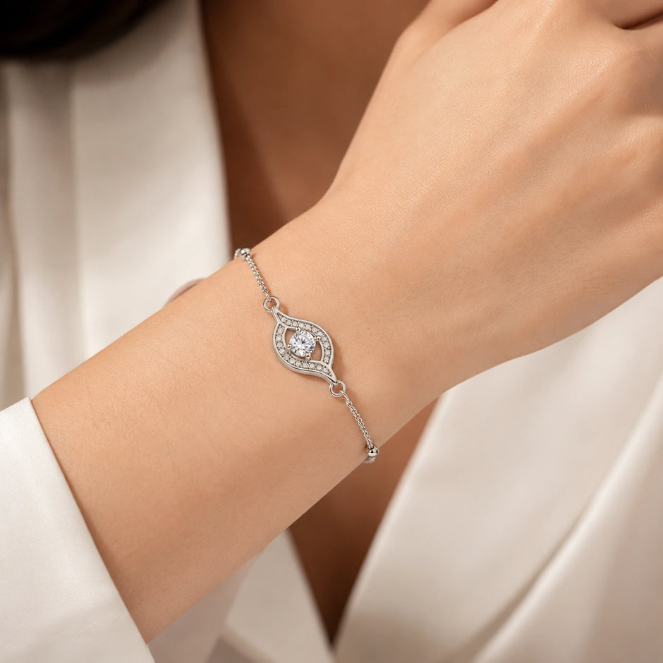 Sparkling Evil Eye 925 Sterling Silver Bracelet for Women