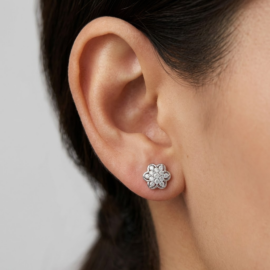 Floral Pavé CZ Diamond 925 Sterling Silver Stud Earrings for Women