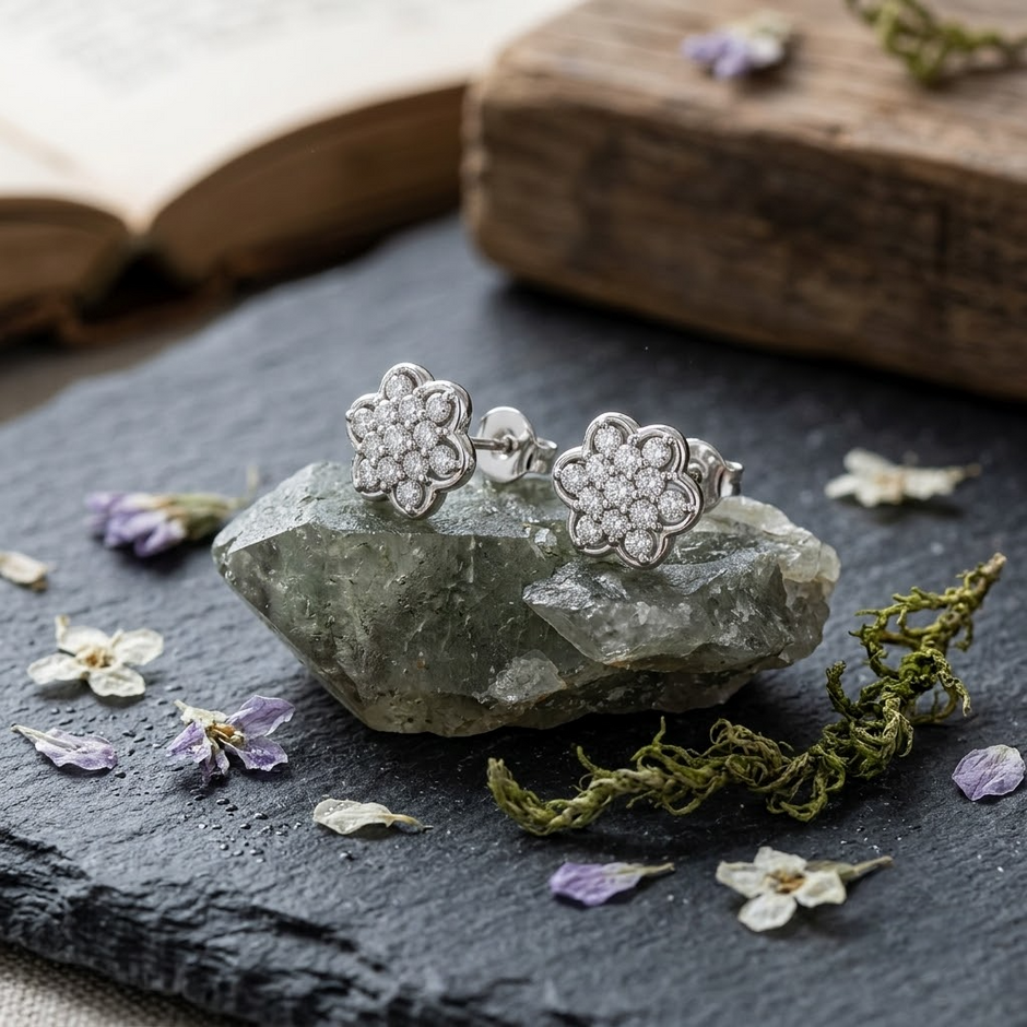 Floral Pavé CZ Diamond 925 Sterling Silver Stud Earrings for Women