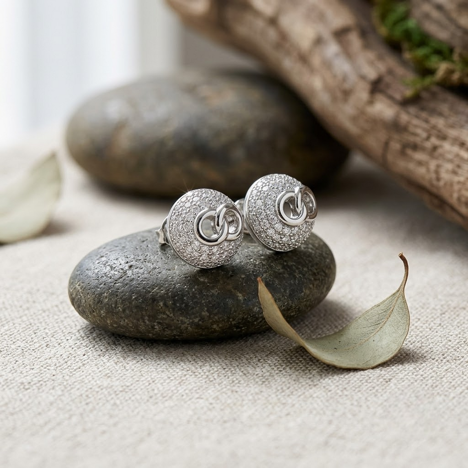 Pavé Circle Link 925 Sterling Silver Stud Earrings for Women
