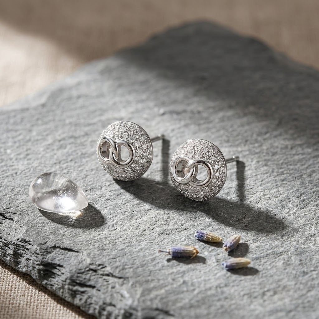 Pavé Circle Link 925 Sterling Silver Stud Earrings for Women