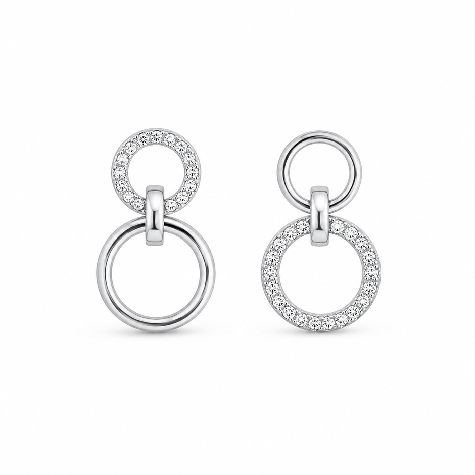 925 Sterling Silver Double Circle Drop Earrings with Cubic Zirconia for Women