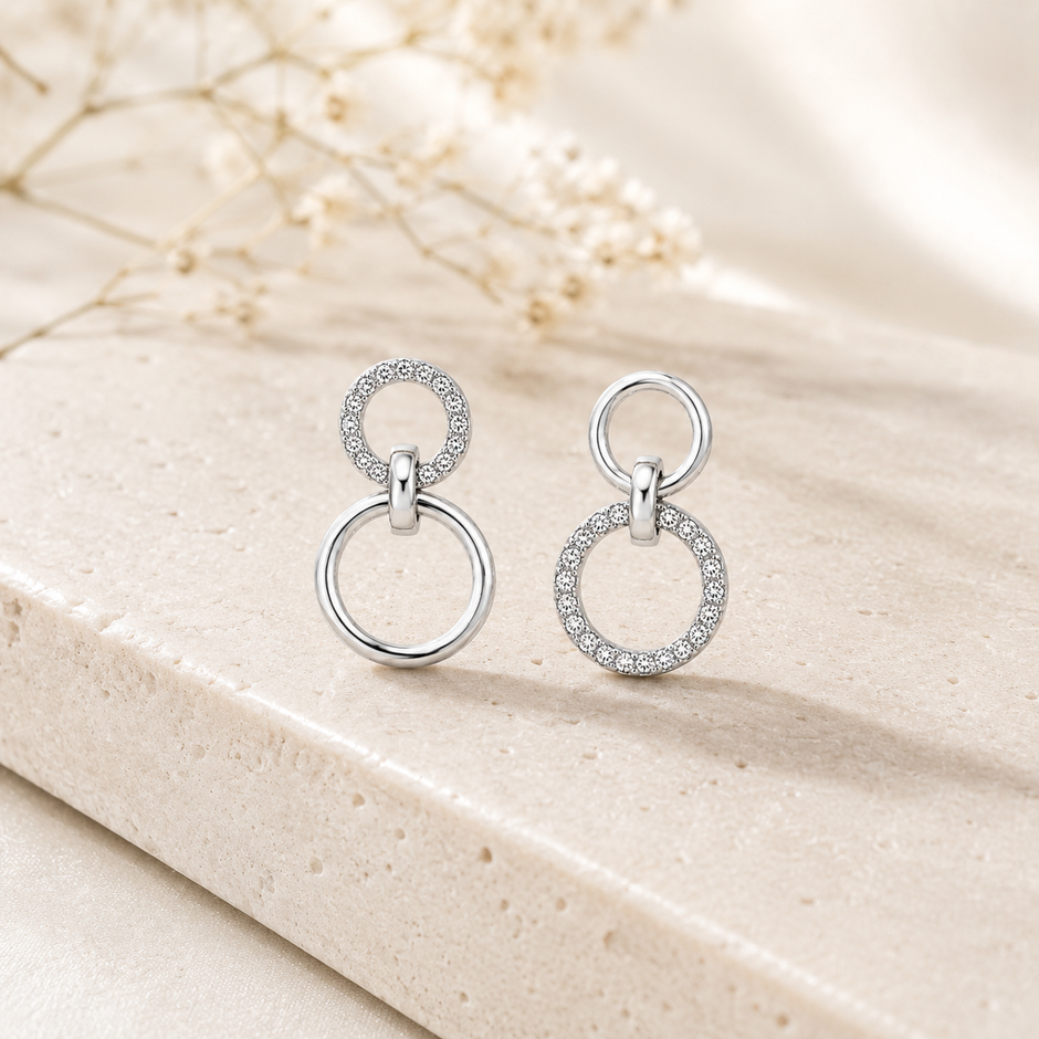 925 Sterling Silver Double Circle Drop Earrings with Cubic Zirconia for Women