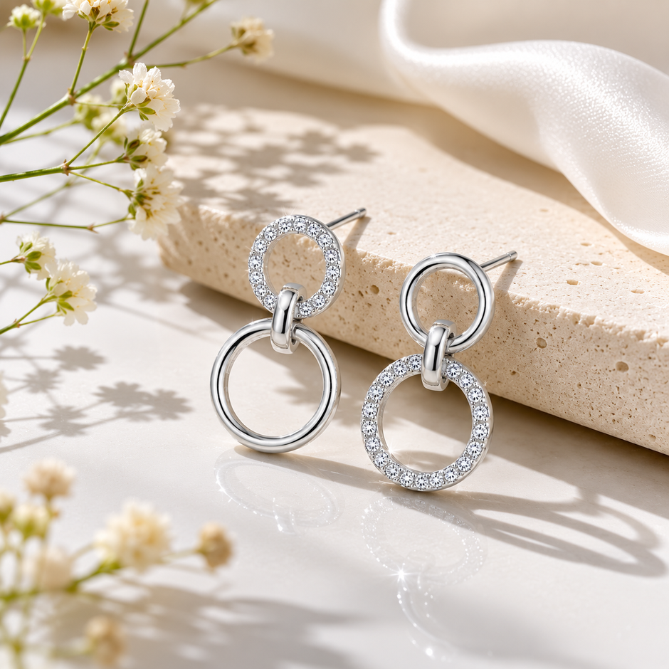 925 Sterling Silver Double Circle Drop Earrings with Cubic Zirconia for Women