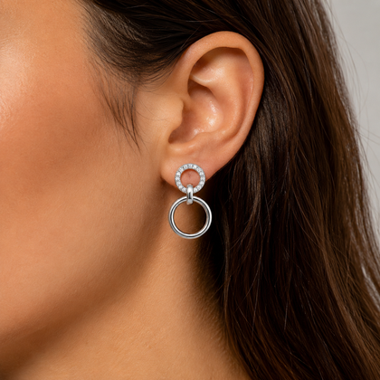 925 Sterling Silver Double Circle Drop Earrings with Cubic Zirconia for Women