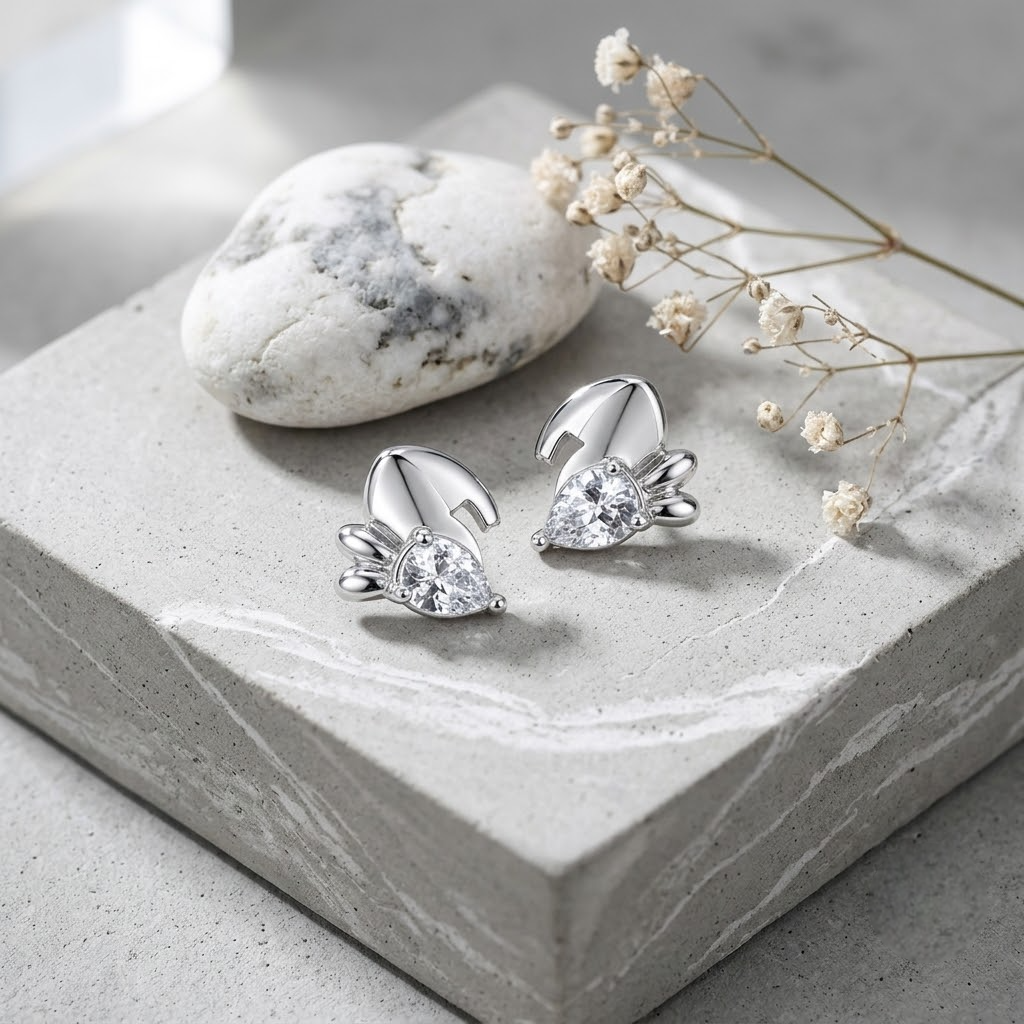 Cute Bunny CZ Diamond 925 Sterling Silver Stud Earrings for Women