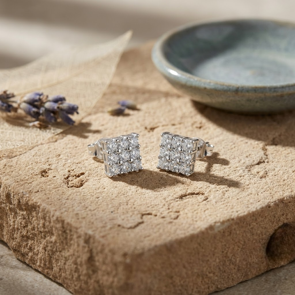 Square Cluster CZ Diamond 925 Sterling Silver Stud Earrings for Women