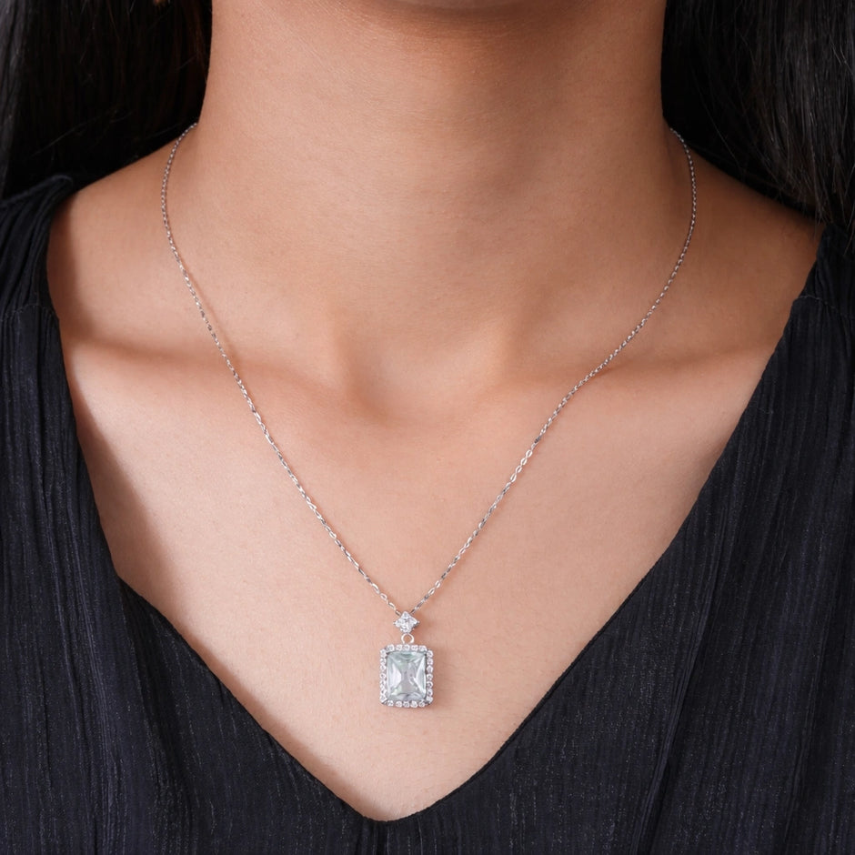 Square Design Cushion Cut Diamond CZ 925 Sterling Silver Pendant Set for Women